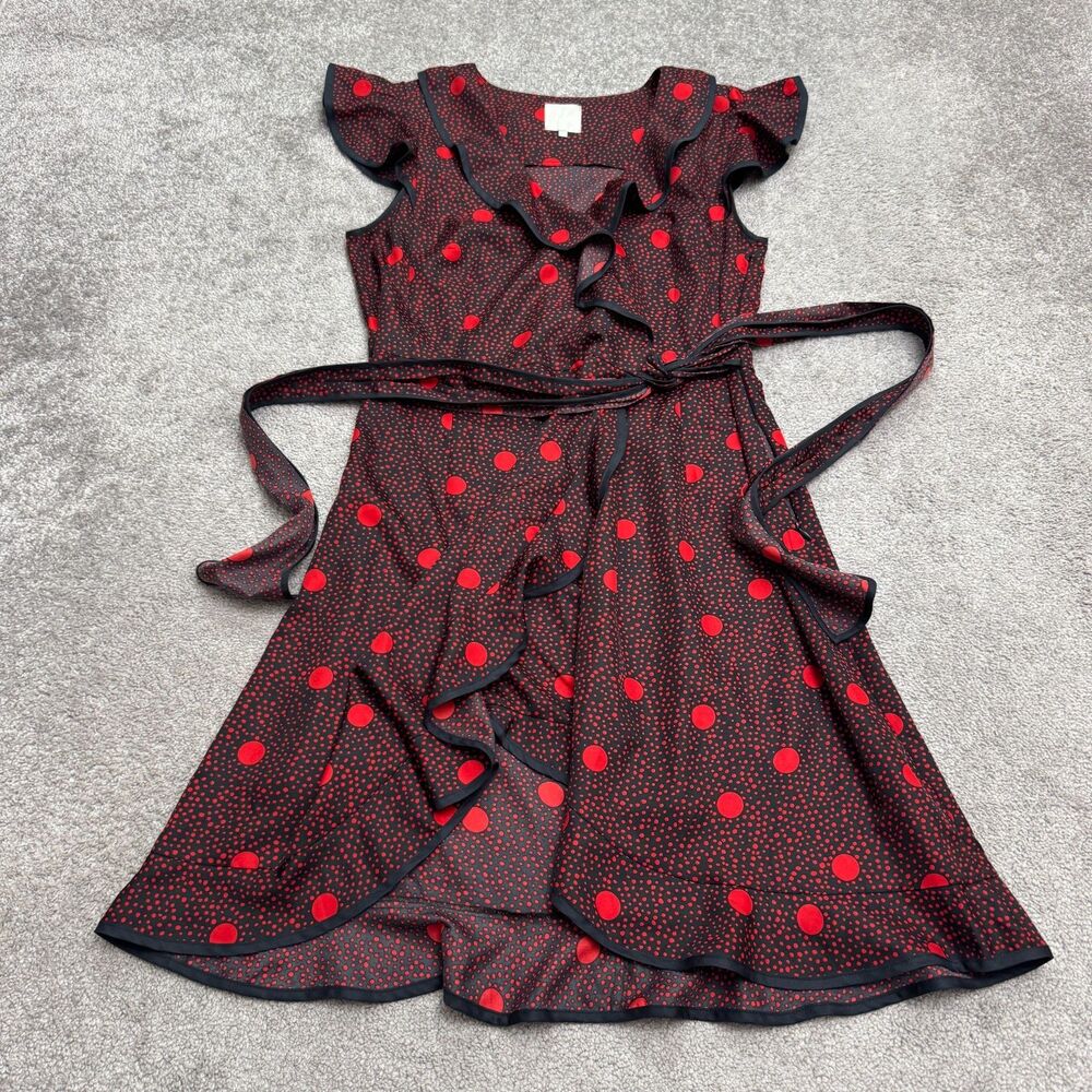 Hi There Karen Walker Red Black Polka Dot Ruffle Flutter Wrap Dress Womens 8 Red